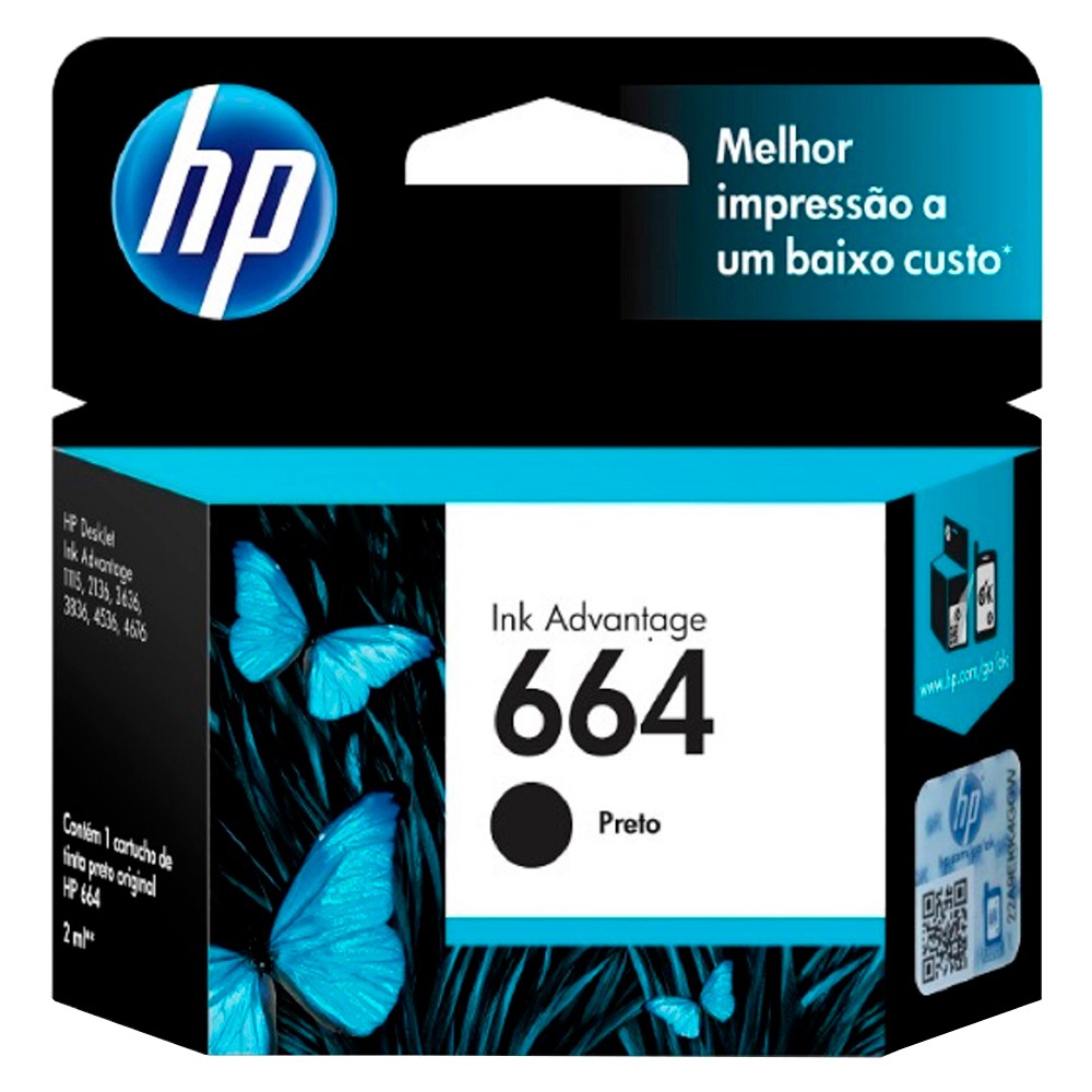 Cartucho de Tinta HP Preto Nº664 Original até 480 Páginas F6V29AB