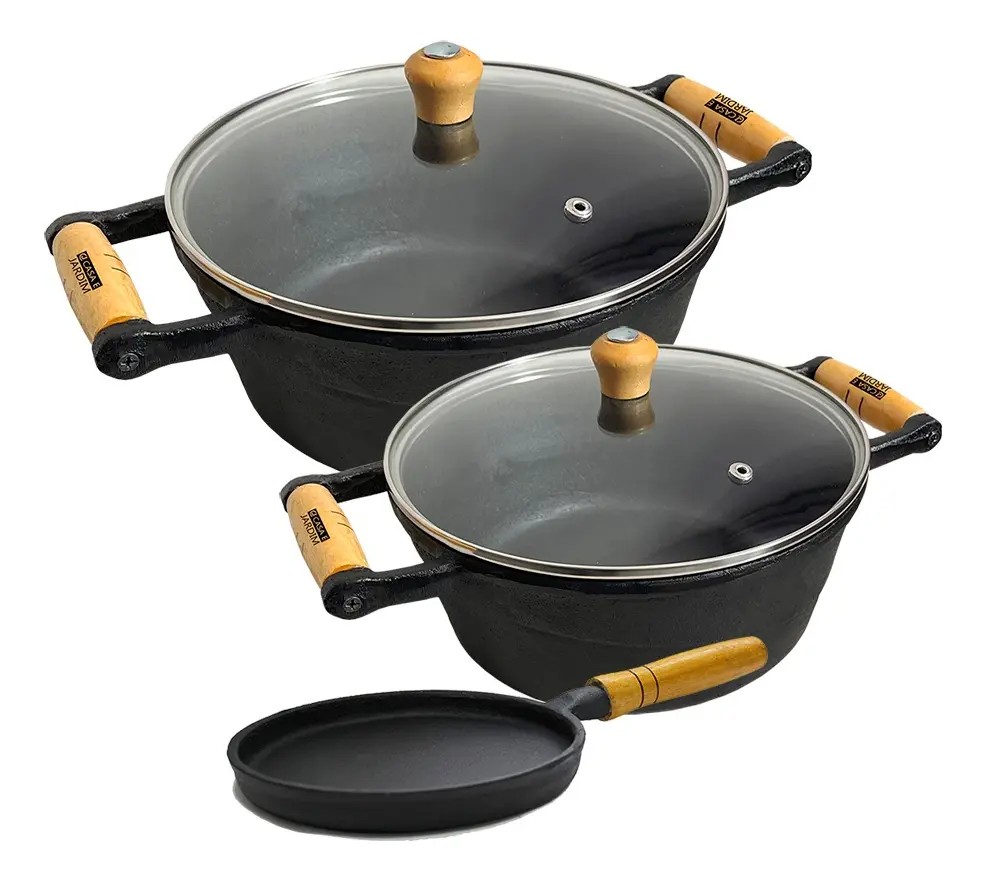 Kit 3 Panelas de Ferro Fundido com Tampa Vidro Casa e Jardim Preto