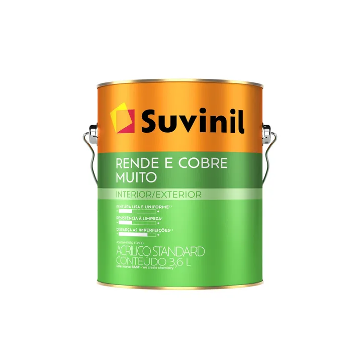 Tinta Acrílica Fosca para Parede e Gesso Interna e Externa Suvinil Rende e Cobre Muito Standard Branco 3,6L