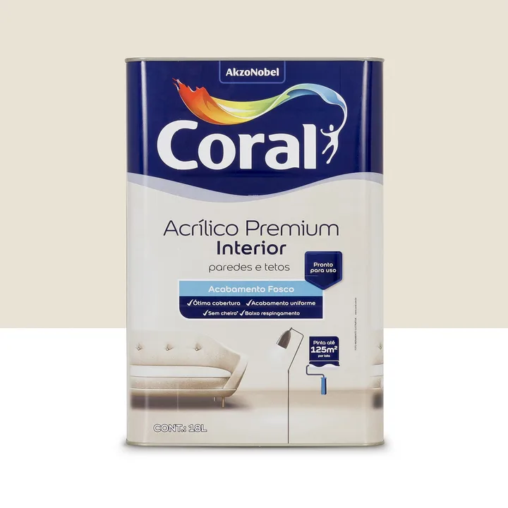 Tinta Acrílica Fosca para Parede Interna Pronto para Uso Coral Acrílico Premium Interior Algodão Egípcio 18L