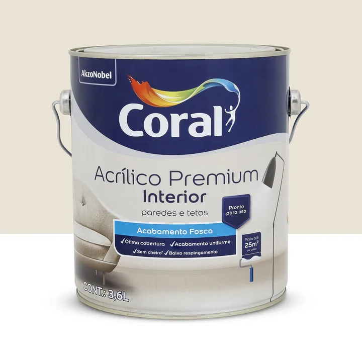 Tinta Acrílica Fosca para Parede Interna Pronto para Uso Coral Acrílico Premium Interior Algodão Egípcio 3,6L