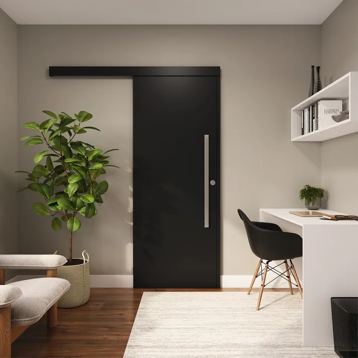 Kit Porta Madeira de Correr Direito|Esquerdo Nero 210x82cm Sarrafeada Batente 12 a 19cm Vivace Plus Lisa Artens
