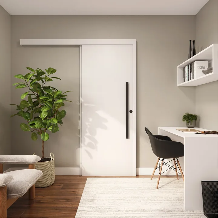 Kit Porta Madeira de Correr Direito|Esquerdo Bianco 210x92cm Sarrafeada Batente 12 a 19cm Vivace Plus Lisa