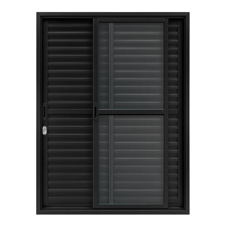 Porta Balcão De Aluminio Preto 3 Folhas Linha 25 Com Fechadura 2,10x1,50