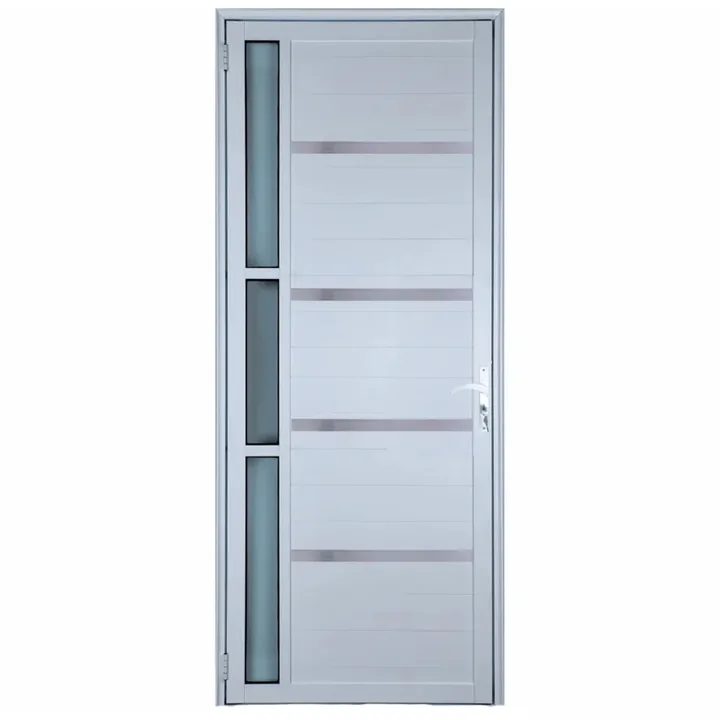 Porta De Aluminio Lambril Branco Com Maçaneta, Vidro E Friso Linha 25 - 210x70 Direita