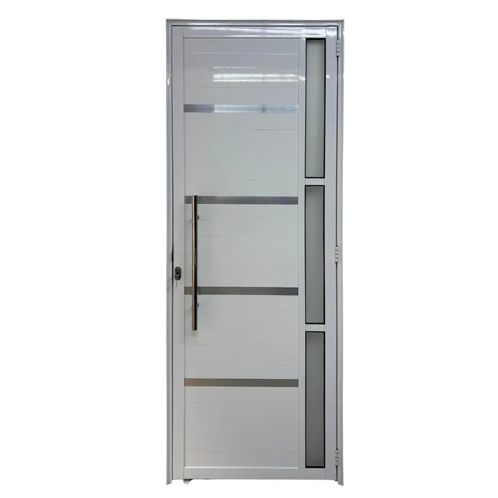 Porta De Aluminio Lambril Branco Com Puxador, Vidro E Friso Linha 25 - 210x70 Direita
